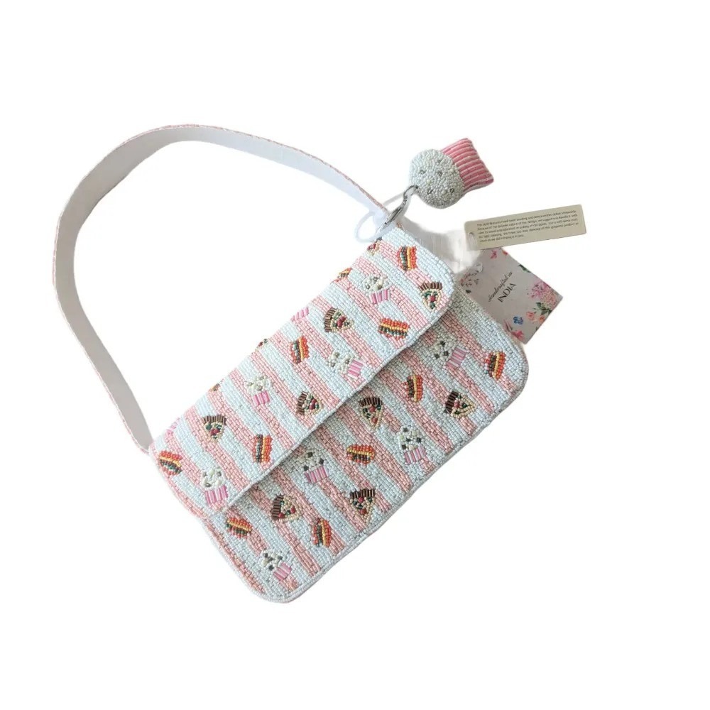 Handcrafted in India Viral Cupcake Pizza Beaded Shoulder Bag NWT